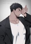  1boy artist_name bara beard black_hair dark_skin facial_hair jacket large_pectorals male_focus mongz muscular muscular_male original pectoral_cleavage pectorals scar shirt t-shirt text_focus tight 