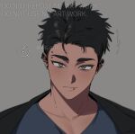  1boy artist_name black_hair dark_skin ear_piercing earrings jacket jewelry looking_at_viewer male_focus mongz mouth_piercing original pectoral_cleavage pectorals piercing shirt speech_bubble t-shirt text_focus thick_eyebrows yellow_eyes 