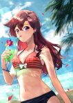  1girl absurdres bangs bare_arms beach bearo bikini black_bikini blue_nails blue_sky breasts brown_hair cleavage cloud collarbone cup day drinking_straw dutch_angle earrings floating_hair gradient_hair hair_between_eyes highres holding holding_cup jewelry lens_flare long_hair meitantei_conan mismatched_bikini mouri_ran multicolored_hair multicolored_nails nail_polish navel ocean open_mouth outdoors petals purple_eyes red_bikini red_hair red_nails shiny shiny_hair sky small_breasts solo straight_hair striped striped_bikini summer sunlight swimsuit 
