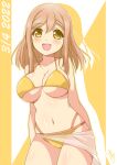  1girl absurdres bangs bikini birthday blush breasts brown_hair bunji collarbone eyebrows_visible_through_hair highres kunikida_hanamaru large_breasts long_hair looking_at_viewer love_live! love_live!_sunshine!! shiny shiny_hair shiny_skin sidelocks signature smile solo swimsuit symbol-only_commentary two-tone_background white_background yellow_background yellow_bikini yellow_eyes 