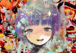  1girl abstract abstract_background anabone bangs blue_eyes blue_hair character_request commentary_request crying crying_with_eyes_open figure highres looking_at_viewer original portrait psychedelic short_hair smile sobbing tears 