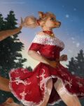  2021 anthro bell bell_collar blonde_hair blue_eyes breasts brown_body brown_fur christmas clothing collar day devergilia dress female fur hair hi_res holidays low-angle_view macropod mammal marsupial outside plant ponytail red_clothing red_dress running smile snow solo tree underwear 