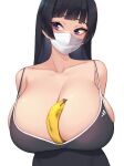  1girl adidas arms_behind_back banana between_breasts black_tank_top breasts commentary_request curvy derivative_work food fruit highres huge_breasts kuavera long_hair mask mouth_mask photo-referenced purple_eyes real_life surgical_mask tank_top upper_body 