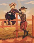  absurd_res anthro black_sclera boots breasts brown_body brown_fur canid canine captyns cleavage clothed clothing countryside cowboy cowboy_boots cowboy_hat cowboy_outfit cowgirl_boots cowgirl_outfit crescent_(shape) crescent_moon crescent_moon_(marking) dress_shirt duo ear_piercing eliza_(captyns) evening female fence fingerless_(marking) fingerless_gloves_(marking) flight_attendant_scarf footwear fur gloves_(marking) grass gun handgun hat headgear headwear hi_res holster hybrid mammal markings moon moon_(marking) orange_light outside piercing pit_viper plant pose ranged_weapon rattlesnake reptile rolled_up_sleeves rural scalie shirt sibling silver_(captyns) sitting sitting_on_fence sky slight_smile snaggle_tooth snake standing striped_body striped_fur striped_markings stripes sun tomboy topwear vest viper weapon wheat_in_mouth white_body white_fur 