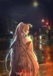  1girl ahoge blurry blurry_background brown_eyes brown_hair brown_hoodie building car chromatic_aberration city_lights crosswalk depth_of_field facing_away ground_vehicle highres hololive hololive_english hood hoodie l_yth lamppost long_hair looking_at_viewer motor_vehicle multicolored_hair nanashi_mumei neon_lights night photo_background ponytail rain red_shorts reflection reflective_water road road_sign shirt shorts sidewalk sign single_thighhigh solo streaked_hair street thighhighs traffic_light tree very_long_hair virtual_youtuber wet_pavement white_shirt 