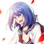  1girl :d bangs black_sailor_collar blonde_hair blush bow bowtie collarbone collared_shirt eyebrows_visible_through_hair hair_between_eyes kageki_shoujo!! kankitukou long_hair long_sleeves narata_ai open_mouth petals purple_eyes red_bow red_bowtie sailor_collar sailor_shirt school_uniform serafuku shiny shiny_hair shirt simple_background smile solo straight_hair upper_body white_background white_shirt 