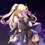  1girl black_eyepatch blonde_hair bodystocking detached_sleeves eyepatch fischl_(genshin_impact) garter_straps genshin_impact gloves green_eyes hair_over_one_eye highres leotard looking_at_viewer nekomu purple_background single_glove single_leg_pantyhose single_thighhigh smile solo thighhighs two_side_up vision_(genshin_impact) 