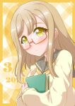  1girl absurdres bangs birthday blush book book_hug brown_hair bunji cardigan commentary dated eyebrows_visible_through_hair glasses highres holding holding_book kunikida_hanamaru long_hair looking_at_viewer love_live! love_live!_sunshine!! object_hug red-framed_eyewear school_uniform semi-rimless_eyewear shiny shiny_hair sidelocks signature solo under-rim_eyewear upper_body uranohoshi_school_uniform yellow_background yellow_cardigan 