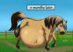  2022 abdominal_bulge belly big_belly big_udders digital_drawing_(artwork) digital_media_(artwork) draft_horse english_text equid equine eyelashes female fence fencepost feral fjord_horse fur hooves horse hyper hyper_belly hyper_pregnancy looking_down mammal nipples one_leg_up open_mouth outside pregnant priestofjashin raised_leg raised_tail solo tan_body tan_fur teats text tongue udders 