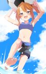  1girl :d aketa_chika armpits arms_up ball barefoot beachball breasts chromatic_aberration crop_top day feet highres idolmaster idolmaster_cinderella_girls lifting looking_at_viewer navel orange_hair outdoors purple_eyes short_shorts shorts side_ponytail sky small_breasts smile soccer_ball soles solo splashing toes water yuuki_haru 