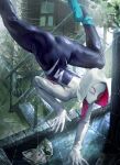  1girl ass ballet_slippers blurry blurry_background bodysuit gwen_stacy highres hood hood_up hooded_bodysuit lera_pi looking_at_viewer marvel mask newspaper silk solo spider-gwen spider-man:_into_the_spider-verse spider-man_(series) spider_web spider_web_print stairs upside-down window 
