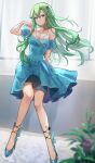  1girl ankle_strap arm_behind_back bare_legs bare_shoulders blue_dress blue_footwear blurry blurry_foreground breasts chibi_vanille cleavage closed_mouth collarbone commentary curtains dress eiyuu_densetsu eyebrows_visible_through_hair floral_print forehead frilled_dress frills full_body green_hair hair_between_eyes hair_ornament hair_over_shoulder hand_up high_heels highres jewelry knees_together_feet_apart long_hair looking_at_viewer medium_breasts musse_egret necklace off-shoulder_dress off_shoulder plant purple_eyes sen_no_kiseki shaded_face shadow sitting smile solo wavy_hair 