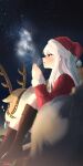  1girl 1other :d blitzen blurry blurry_foreground blush breath cold depth_of_field eve_santaclaus hat highres idolmaster idolmaster_cinderella_girls idolmaster_cinderella_girls_starlight_stage looking_afar milky_way night night_sky own_hands_together profile reindeer sack sanpo_(sanpo_1027) santa_costume santa_hat sitting sky smile snot sparkle star_(sky) straight_hair white_hair 