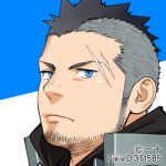  1boy black_hair black_shirt blue_eyes character_request commentary_request facial_hair frown itto_(mentaiko) layered_clothing looking_at_viewer lowres male_focus mohawk scar scar_across_eye shirt 