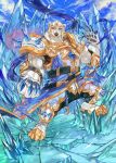  1boy absurdres armor bear belt bird claws closed_mouth cloud commentary creature crystal fantasy full_body furry furry_male gem gold_trim helmet highres knee_up looking_at_viewer male_focus muscular muscular_male no_humans original outdoors polar_bear robe sky tapioka_chaso 