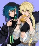  2boys aether_(genshin_impact) arm_around_shoulder blonde_hair blue_hair braid burger earrings fashion food genshin_impact green_hair highres holding holding_food jewelry long_sleeves looking_at_viewer mask mouth_mask multicolored_hair multiple_boys open_mouth orange_eyes pale_skin shohje stud_earrings taking_off xiao_(genshin_impact) yaoi yellow_eyes 