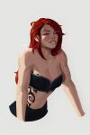 1girl bangs bare_arms bare_shoulders breasts brown_eyes cleavage collarbone cropped_legs grey_background grin highres katarina_(league_of_legends) league_of_legends long_hair luzdanaee navel red_hair scar scar_across_eye shiny shiny_hair simple_background smile stomach tattoo teeth 