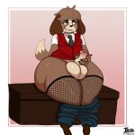  1:1 absurd_res animal_crossing anthro balls big_balls bottomwear bottomwear_down brown_body brown_fur brown_hair canid canine canis clothed clothing curvy_figure cute_fangs digby_(animal_crossing) domestic_dog fishnet flaccid floppy_ears footwear foreskin fur genitals girly hair hi_res inuzu legwear male mammal necktie nintendo pants pants_down partially_clothed penis red_clothing red_topwear red_vest shih_tzu shirt shoes sitting solo text thick_thighs topwear toy_dog url vest video_games voluptuous white_eyes wide_hips 