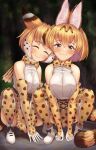  2girls :3 absurdres alternate_design animal_ear_fluff animal_ears bangs bare_shoulders black_hair blonde_hair blurry blurry_background blush bow bowtie breasts closed_eyes closed_mouth day dual_persona elbow_gloves eyebrows_visible_through_hair fang fang_out full_body gloves hair_between_eyes head_tilt highres kemono_friends looking_at_viewer medium_hair multicolored_hair multiple_girls neukkom outdoors photo-referenced print_bow print_bowtie print_gloves print_skirt scarf serval_(kemono_friends) serval_print shirt skirt sleeves_past_wrists smile spread_legs squatting tail thighhighs v_arms white_hair white_shirt yellow_eyes 