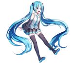  1girl :d absurdly_long_hair absurdres bangs black_footwear black_skirt black_sleeves blue_eyes blue_hair blue_necktie boots collared_shirt detached_sleeves floating_hair full_body hair_between_eyes hair_ornament hatsune_miku highres ille_(xcpa7325) long_hair long_sleeves miniskirt necktie pleated_skirt shiny shiny_hair shirt skirt sleeveless sleeveless_shirt smile solo thigh_boots thighhighs twintails v-shaped_eyebrows very_long_hair vocaloid white_shirt wing_collar zettai_ryouiki 