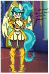  armor auntie_lofty_(mlp) big_breasts blue_hair bodily_fluids breasts cleavage clothed clothing dialogue english_text equid equine friendship_is_magic garter_belt garter_straps gauntlets gloves hair handwear hi_res high_heels legwear long_hair long_tail mammal my_little_pony nelljoestar panties pegasus ponytail solo stockings sweat sweatdrop text unconvincing_armor underwear wings 