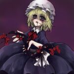  1girl blank_eyes blonde_hair blood blood_from_eyes blood_on_face bow collared_shirt crying crying_with_eyes_open dress drooling eyebrows_visible_through_hair gap_(touhou) hat highres looking_at_viewer maribel_hearn medium_hair mob_cap pillow_hat purple_background purple_dress red_bow shirt simple_background solo tears tierra_misu touhou 