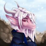  2022 anthro blue_clothing clothed clothing dragon eiris_(saren662) female fur furred_dragon hair hi_res horn inner_ear_fluff looking_at_viewer mountain outside pink_body pink_eyes pink_fur plant portrait siyeneveries snow solo tree tuft white_hair 