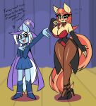  &lt;3 &lt;3_eyes anthro anthrofied armwear aunt_holiday_(mlp) big_breasts bow_tie breasts cleavage clothed clothing condom_wrapper dress duo earth_pony elbow_gloves equid equine footwear friendship_is_magic gloves hair handwear hi_res high_heels horn horse legwear mammal my_little_pony nelljoestar orange_hair pantyhose pony shoes star_eyes trixie_(mlp) unicorn 