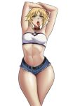  1girl armpits arms_up bandeau bangs bare_arms belt black_belt blonde_hair blush breasts commentary cowboy_shot cutoffs denim denim_shorts eyebrows_visible_through_hair fate/apocrypha fate_(series) green_eyes highres jiuukek looking_at_viewer medium_breasts micro_shorts midriff mordred_(fate) mordred_(fate/apocrypha) navel open_mouth short_hair shorts simple_background solo standing stomach strapless thighs tongue tongue_out tube_top white_background 