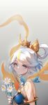  1girl armlet bangs bare_shoulders blonde_hair blue_eyes blue_hair breasts chibi_vanille closed_mouth english_commentary eyebrows_visible_through_hair eyelashes flower gold_trim gradient gradient_background grey_background hair_ornament highres holding holding_flower league_of_legends light_particles lips looking_at_viewer lux_(league_of_legends) medium_breasts multicolored_hair parted_bangs purple_nails sash shadow sideboob simple_background solo streaked_hair upper_body white_hair 