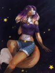  amulet anthro bottomwear breasts brown_body brown_fur canid canine clothing countershading devergilia female fox fur hair leg_markings looking_up mammal markings midriff navel purple_hair shorts socks_(marking) solo star white_body white_countershading 