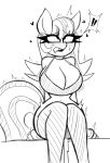  anthro anthrofied aunt_holiday_(mlp) big_breasts blush bodily_fluids breasts choker cleavage clothed clothing collar cum earth_pony equid equine exclamation_point friendship_is_magic genital_fluids hasbro hi_res horse jewelry legwear mammal monochrome my_little_pony necklace nelljoestar orientation_play pony saliva simple_background sitting sketch solo thigh_highs white_background 