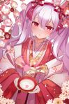  1girl :o animal_ears azur_lane bangs blush branch cherry_blossoms flower hair_between_eyes hairband japanese_clothes kimono kyouya0514 laffey_(azur_lane) long_hair long_sleeves looking_at_viewer petals pink_flower red_eyes red_hairband solo twintails very_long_hair white_hair wide_sleeves 