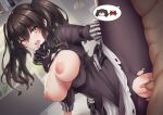  1boy 1girl black_hair black_legwear blush breasts breasts_out eyebrows_visible_through_hair girls&#039;_frontline hair_between_eyes hetero indoors large_breasts long_hair mask mask_around_neck mingke nipples open_mouth pantyhose penis pussy respirator sangvis_ferri scarecrow_(girls&#039;_frontline) sex solo_focus speech_bubble spoken_character torn_clothes torn_legwear twintails uncensored vaginal yellow_eyes 