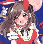  1girl animal_ears apple apple_bunny beeftanizoko black_ribbon blue_background blush braid breasts brown_eyes brown_hair bunny eyebrows_visible_through_hair fake_animal_ears food food_art frills fruit idolmaster idolmaster_shiny_colors large_breasts long_hair looking_at_viewer moon open_mouth ribbon smile tsukioka_kogane upper_body 