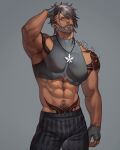  1boy abs arm_tattoo armpits artist_name bara beard commission dark_skin ear_piercing earrings facial_hair gloves highres jewelry jouvru male_focus mouth_piercing muscular muscular_male navel navel_hair necklace old pants pectoral_cleavage pectorals phantasy_star phantasy_star_online_2 piercing sports_bra tattoo tired 