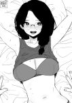  1boy 1girl arms_up bed black_hair bra breasts bright_pupils cleavage clothes_lift collarbone forehead glasses greyscale highres large_breasts long_hair looking_at_viewer lying monochrome navel norman_maggot object_hug on_back open_mouth original out-of-frame_censoring pillow pillow_hug pov pov_hands shirt_lift smile stephanie_(ol-chan) tank_top underwear upper_body 