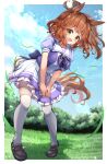  1girl animal_ears aston_machan_(umamusume) breasts cloud commentary_request crown emsan full_body grass green_eyes highres horse_ears horse_girl horse_tail large_breasts looking_at_viewer medium_hair ribbon school_uniform shoes sky solo tail thighhighs tracen_school_uniform umamusume white_legwear 