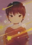  1boy brown_eyes brown_hair commentary_request flower looking_at_viewer male_focus noeyebrow_(mauve) original red_shirt shirt short_hair short_sleeves simple_background solo star_(symbol) 