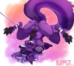  anthro bdsm blush bondage bound canid canine erection feet fox fur genitals herm intersex knot mammal penis piercing purple_body purple_fur pussy rope seamen solo spread_legs spreading upside_down zaniah_(thatblackfox) 