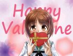  1girl abimaru_gup absurdres background_text bangs black_neckerchief blouse blush box brown_eyes brown_hair commentary_request covering_mouth english_text eyebrows_visible_through_hair gift gift_box girls_und_panzer happy_valentine heart-shaped_box highres holding holding_gift long_sleeves looking_at_viewer multicolored_background neckerchief nishizumi_miho ooarai_school_uniform portrait sailor_collar school_uniform short_hair solo valentine white_blouse white_sailor_collar 