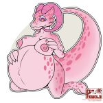  &lt;3 &lt;3_eyes absurd_res big_breasts big_tail bovid_horn breasts caprine_horn captain_kobold female hand_on_breast hand_on_stomach havney hi_res horn kneeling kobold navel nipples outie_navel pink_body pink_skin pregnant ram_horn solo 