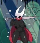  anthro arthropod big_breasts black_body black_skin breasts cape clothing female genitals hollow_knight horn hornet_(hollow_knight) nipples poraka7 pussy solo string team_cherry video_games weapon 