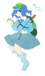  1girl absurdres backpack bag bangs blue_eyes blue_footwear blue_hair blue_shirt blue_skirt boots cattail closed_mouth collared_shirt commentary_request derivative_work flat_cap frilled_shirt_collar frills full_body green_bag green_headwear hair_bobbles hair_ornament happy hat highres kappa kawashiro_nitori key korean_commentary kuya_(hey36253625) long_sleeves medium_hair mountain_of_faith plant pocket rubber_boots shirt short_twintails simple_background skirt smile touhou translation_request twintails two_side_up white_background 