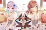  1other 2girls :3 :d absurdres black_sclera blue_eyes blue_hair blush bow braid breasts brown_hair closed_mouth colored_sclera debidebi_debiru demon demon_horns demon_wings dress elbow_gloves eyebrows_visible_through_hair fangs flower french_braid gloves hair_bow hair_ornament highres horns kuma_daigorou lize_helesta long_hair looking_at_viewer medium_hair multicolored_hair multiple_girls nijisanji open_mouth petals pillow purple_eyes rose sharp_teeth sidelocks sitting skin_fangs smile strapless strapless_dress suzuhara_lulu tail teeth virtual_youtuber wedding_dress white_dress white_flower white_gloves white_hair white_rose wings x_hair_ornament yellow_eyes 