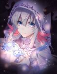  1girl axolotl_girl bangs blue_eyes character_name frilled_shirt frills grey_hair highres hood hood_up horns jewelry lee_on lower_(vocaloid) necklace nijisanji nijisanji_kr nimura_nio open_hand portrait purple_shirt shirt smile solo sparkle virtual_youtuber 