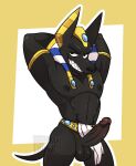  anubian_jackal anubis balls canid canine canis clothed clothing deity domestic_dog egyptian_mythology genitals hi_res jackal male mammal middle_eastern_mythology muscular muscular_male mythology nipples partially_clothed penis simple_background solo tommybunz vein veiny_penis 