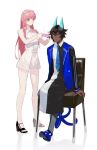  1boy 1girl :| arjuna_alter_(student_council_president)_(fate) bangs bare_arms bare_shoulders black_eyes black_hair blue_necktie breasts chair closed_mouth curling_iron dark-skinned_male dark_skin dress fate/grand_order fate_(series) formal full_body glasses glowing_horns hair_between_eyes highres holding horns jacket jewelry light_smile long_hair long_sleeves looking_at_another looking_at_viewer medb_(lostroom_outfit)_(fate) medium_breasts necktie official_alternate_costume pink_hair semi_(p-poco) shirt short_dress short_hair sitting sitting_on_object sleeves_past_wrists standing tail tiara white_background white_dress yellow_eyes 