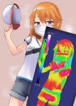 1girl aketa_chika baseball_cap breasts hat hat_removed headwear_removed highres holding holding_clothes holding_hat idolmaster idolmaster_cinderella_girls infrared long_hair mask mouth_mask orange_hair purple_eyes short_shorts shorts simple_background small_breasts solo surgical_mask sweat yuuki_haru 