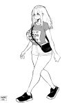  1girl :o absurdres artist_name bag between_breasts breasts bright_pupils collarbone english_text forehead full_body greyscale handbag highres inne_sulistya_robin large_breasts looking_ahead monochrome motion_lines norman_maggot original print_shirt shirt shirt_tucked_in shoes short_shorts short_sleeves shorts simple_background sketch sneakers solo strap_between_breasts tented_shirt walking white_background 